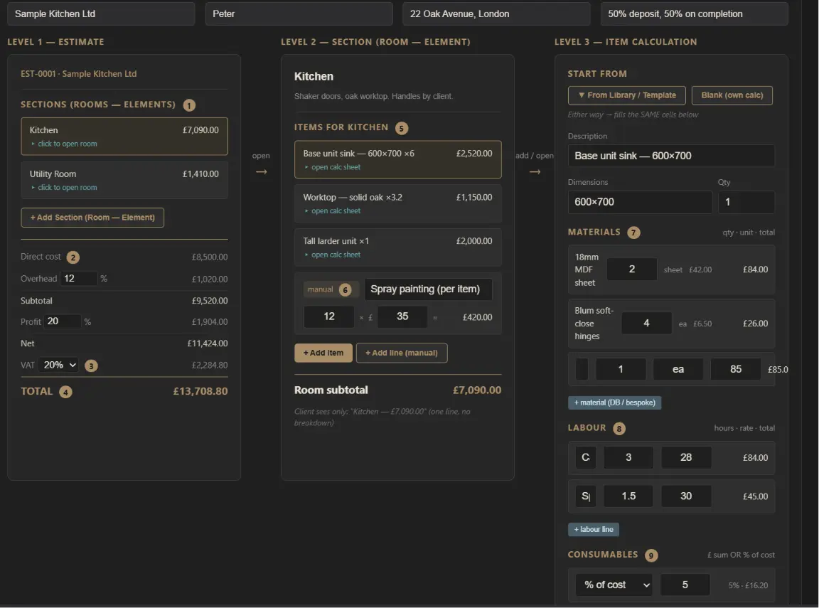 AI estimate assistant building a joinery estimate from a client's PDF